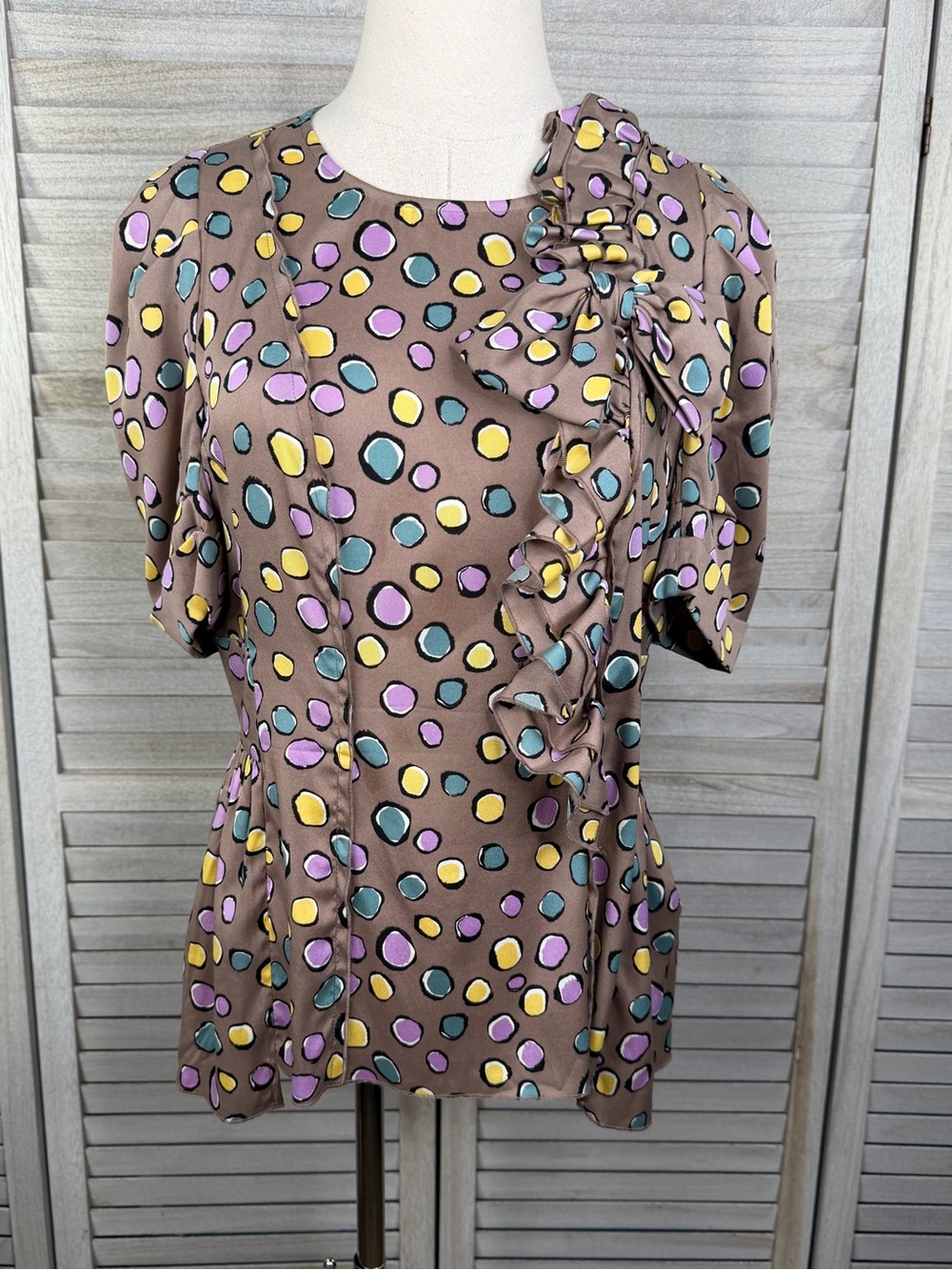 BCBG MAX AZRIA Retro 80's Style Silk Blouse Ruffle Front Puff Sleeve Brown Dot-M